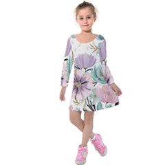 Flowers Pattern Floral Kids  Long Sleeve Velvet Dress by Sabxi