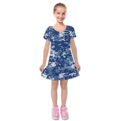 Blue, Camouflage, Cool, Navy, New, Pattern Kids  Short Sleeve Velvet Dress by kyorashop23
