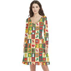 Template Christmas Pattern Long Sleeve V-neck Skater Dress With Pockets by Proyonanggan