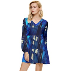 Tardis Doctor Who Space Galaxy Tiered Long Sleeve Mini Dress by Cemarart