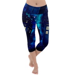 Tardis Doctor Who Space Galaxy Lightweight Velour Capri Yoga Leggings by Cemarart