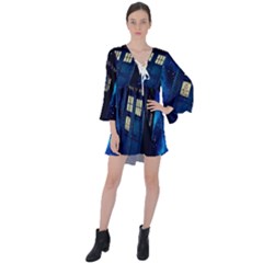 Tardis Doctor Who Space Galaxy V-neck Flare Sleeve Mini Dress by Cemarart