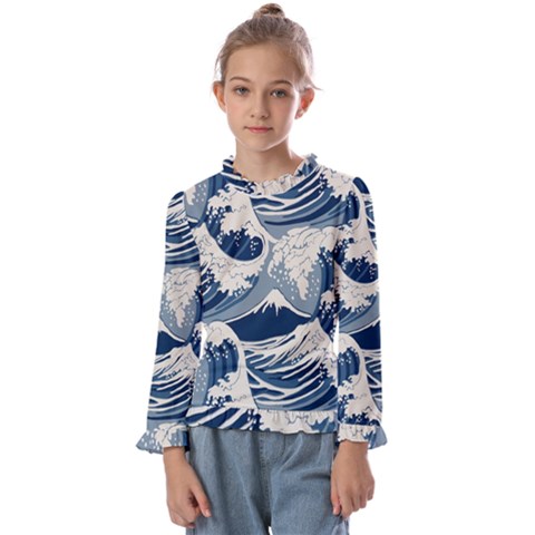Japanese Wave Pattern Kids  Frill Detail T-shirt by Cemarart