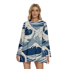 Japanese Wave Pattern Round Neck Long Sleeve Bohemian Style Chiffon Mini Dress by Cemarart