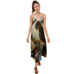 Erte Figurine And A Clock Halter Tie Back Dress  by bestdesignintheworld