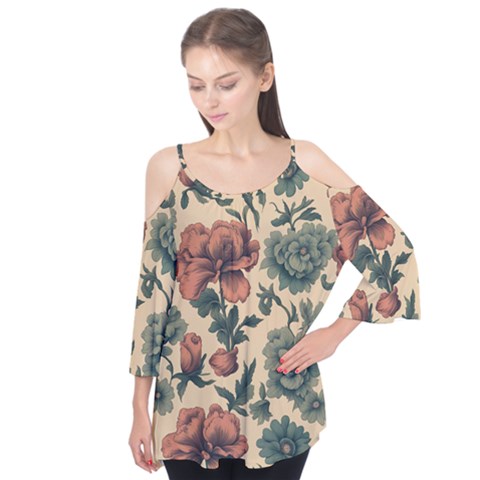 Victorian Beige And Teal Flower Pattern Flutter Sleeve T-shirt by violetheavensky