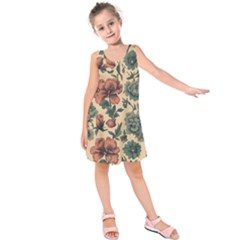 Victorian Beige And Teal Flower Pattern Kids  Sleeveless Dress by violetheavensky