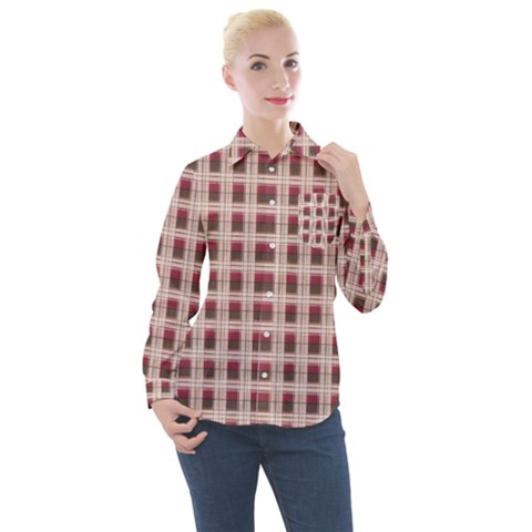 Retro 60s 50s Plaid Pattern 2 Women s Long Sleeve Pocket Shirt by violetheavensky