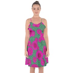 Mid Century Retro Floral 1970s 1960s Pattern 97 Ruffle Detail Chiffon Dress by violetheavensky