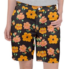 Retro 40s 50s Flowers Pattern Halloween 3 Women s Pocket Shorts by violetheavensky