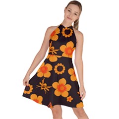 Retro 40s 50s Flowers Pattern Halloween Sleeveless Halter Neck A-line Dress by violetheavensky