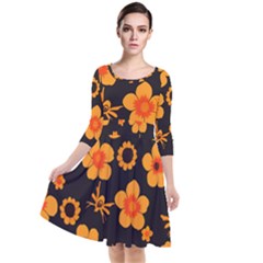 Retro 40s 50s Flowers Pattern Halloween Quarter Sleeve Waist Band Dress by violetheavensky