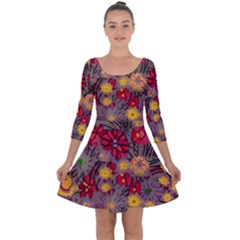 Mid Century Retro Floral 1970s 1960s Pattern 90 Quarter Sleeve Skater Dress by violetheavensky
