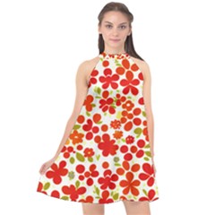 Mid Century Retro Floral 1970s 1960s Pattern 92 Halter Neckline Chiffon Dress  by violetheavensky