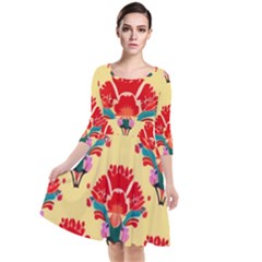 Retro 40s 50s Mexico Flowers Pattern 4 Quarter Sleeve Waist Band Dress by violetheavensky