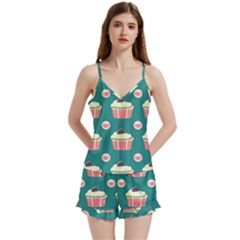 Retro 40s 50s Cupcake Pattern 2 V-neck Satin Loungewear Set by violetheavensky