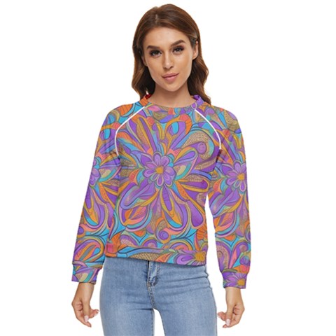 Mid Century Retro Floral 1970s 1960s Pattern 75 Women s Long Sleeve Raglan T-shirt by violetheavensky