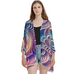 Abstract Fractal Art Swirl Pattern Open Front 3/4 Sleeve Batwing Chiffon Cardigan Kimono by Salmanaz77