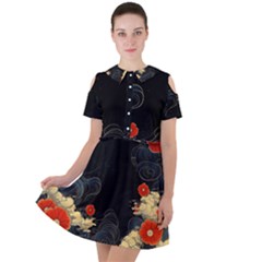 Korean Art Flowers Asian Pattern Short Sleeve Shoulder Cut Out Dress  by Sabxi