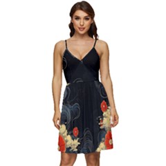 Korean Art Flowers Asian Pattern V-neck Pocket Summer Dress  by Sabxi