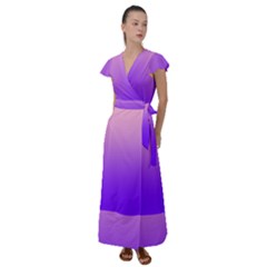Cotton Candy Pink To Indigo Violet Linear Gradient Flutter Sleeve Maxi Dress by GradientsOmbre