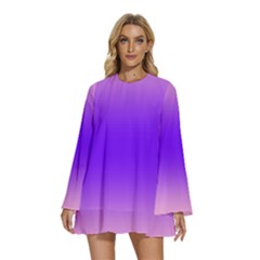 Cotton Candy Pink To Indigo Violet Bilinear Gradient Round Neck Long Sleeve Bohemian Style Chiffon Mini Dress by GradientsOmbre