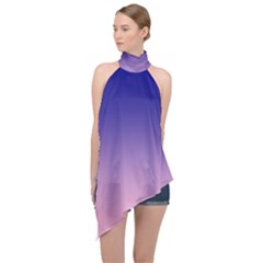 Navy Blue To Cotton Candy Pink Linear Gradient Halter Asymmetric Satin Top by GradientsOmbre