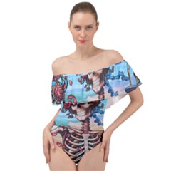 Grateful Dead Hippie Peace Roses Rock Music Legend Off Shoulder Velour Bodysuit  by Tsamara
