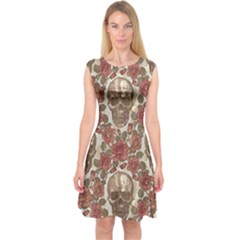 Skull And Roses Flowee Flora Floral Patterns Pattern Capsleeve Midi Dress by Tsamara