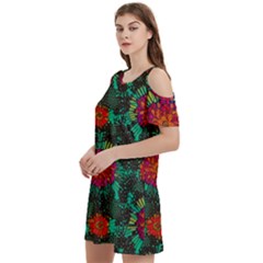 Mid Century Retro Floral 1970s 1960s Pattern 72 Women s Cold Shoulder Round Neck Mini Dress by violetheavensky