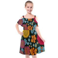 Mid Century Retro Floral 1970s 1960s Pattern 77 Kids  Cut Out Shoulders Chiffon Dress by violetheavensky