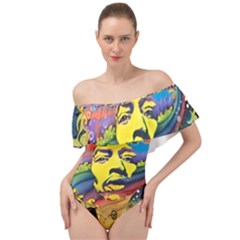 Psychedelic Rock Jimi Hendri Off Shoulder Velour Bodysuit  by Tsamara