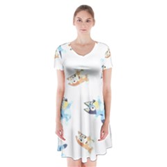 Bluey, Bluey Merch, Bluey Pattern, Bluey Bluey, Bingo, Bluey Design, Bluey Dog Short Sleeve V-neck Flare Dress by avitendut