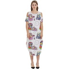 Bluey, Bluey Merch, Bluey Pattern, Bluey Bluey, Bingo, Bluey Design, Bluey Dog Cold Shoulder Loose Fit Dress With Pockets by avitendut