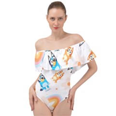 Bluey, Bluey Merch, Bluey Pattern, Bluey Bluey, Bingo, Bluey Design, Bluey Dog Off Shoulder Velour Bodysuit  by avitendut