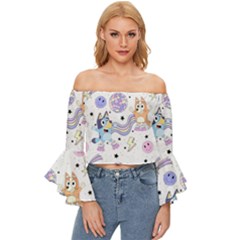 Bluey, Bluey Merch, Bluey Pattern, Bluey Bluey, Bingo, Bluey Design, Bluey Dog Off Shoulder Flutter Bell Sleeve Top by avitendut