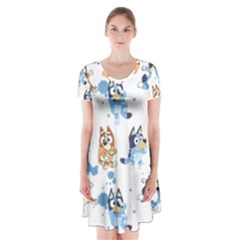 Bluey, Bluey Merch, Bluey Pattern, Bluey Bluey, Bingo, Bluey Design, Bluey Dog Short Sleeve V-neck Flare Dress by avitendut