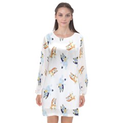 Bluey, Bluey Merch, Bluey Pattern, Bluey Bluey, Bingo, Bluey Design, Bluey Dog Long Sleeve Chiffon Shift Dress  by avitendut