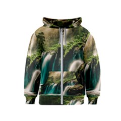 Waterfall Rocks Jungle Forest Kids  Zipper Hoodie by Anend