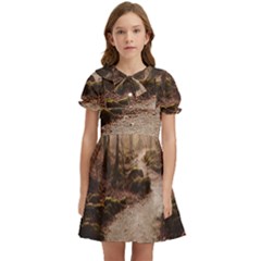 Path Trees Forest Fantasy Kids  Bow Tie Puff Sleeve Dress by Anend