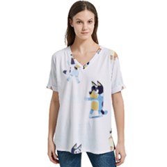 Bluey, Bluey Merch, Bluey Pattern, Bluey Bluey, Bingo, Bluey Design, Bluey Dog V-neck Split Shoulder Casual T-shirt by avitendut