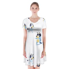 Bluey, Bluey Merch, Bluey Pattern, Bluey Bluey, Bingo, Bluey Design, Bluey Dog Short Sleeve V-neck Flare Dress by avitendut