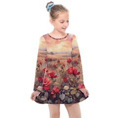 Roses Flower Field Sunset Nature Kids  Long Sleeve Dress by Anend