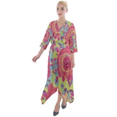 Mid Century Retro Floral 1970s 1960s Pattern 82 Quarter Sleeve Wrap Front Maxi Dress by violetheavensky