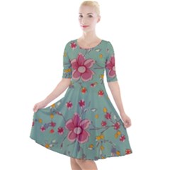 Mid Century Retro Floral 1970s 1960s Pattern 79 Quarter Sleeve A-line Dress by violetheavensky