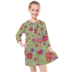 Mid Century Retro Floral 1970s 1960s Pattern 76 Kids  Quarter Sleeve Shirt Dress by violetheavensky