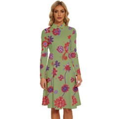 Mid Century Retro Floral 1970s 1960s Pattern 76 Long Sleeve Shirt Collar A-line Dress by violetheavensky
