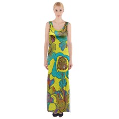 Mid Century Retro Floral 1970s 1960s Pattern 60 Thigh Split Maxi Dress by violetheavensky