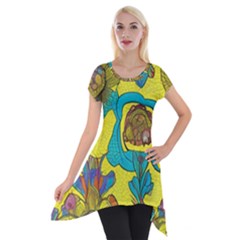 Mid Century Retro Floral 1970s 1960s Pattern 60 Short Sleeve Side Drop Tunic by violetheavensky