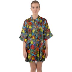 Mid Century Retro Floral 1970s 1960s Pattern 56 Half Sleeve Satin Kimono  by violetheavensky